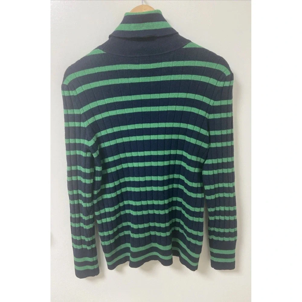 Talbots Women's Size L Green Navy Blue Striped Ribbed Turtleneck Sweater‎ Cute!